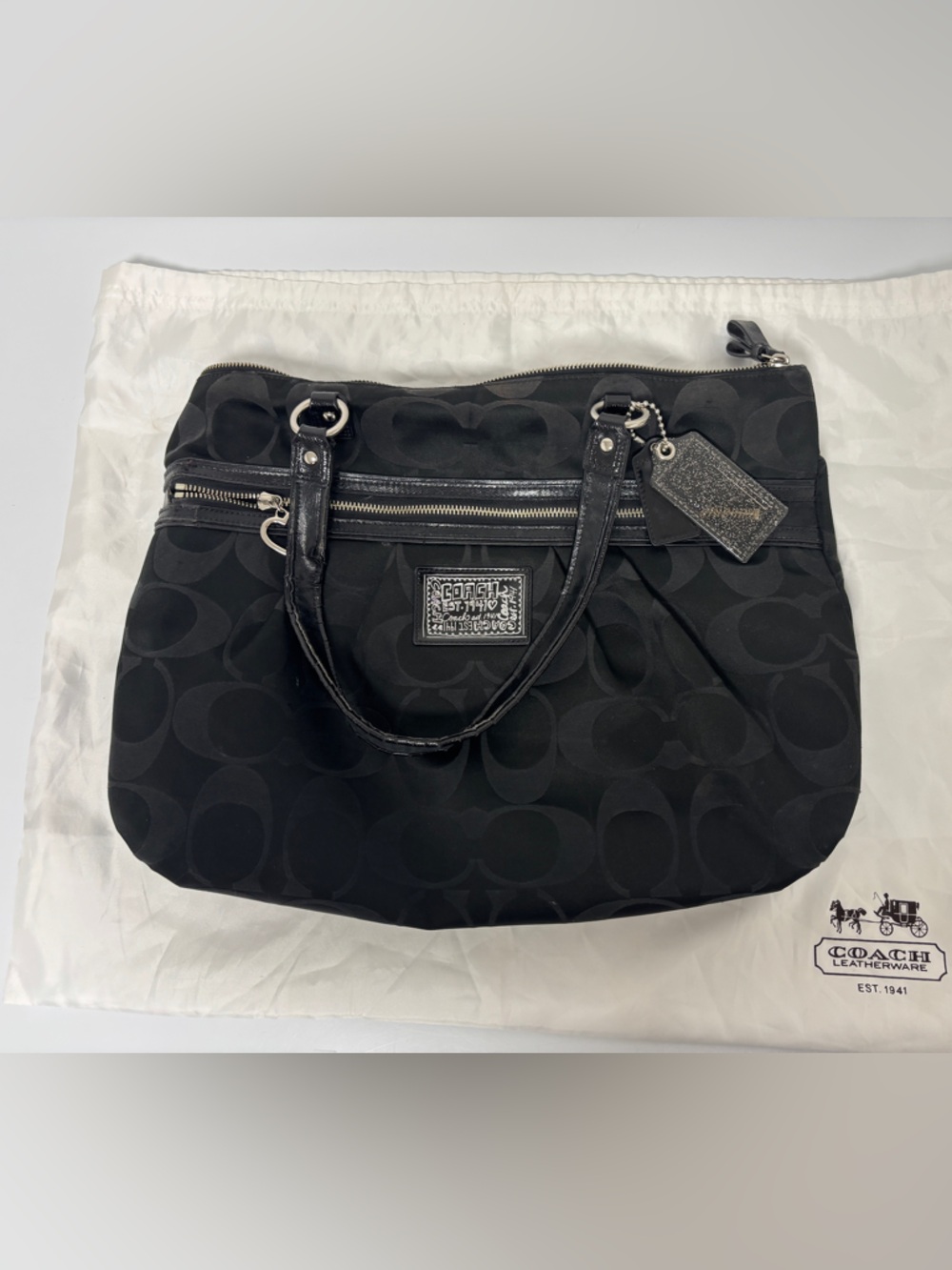 Coach Black Signature Jacquard Tote with Leather Trim